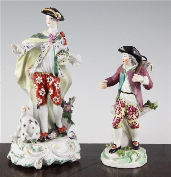 A Derby figure of a gentleman and a Samson figure of a street vendor, 21cm and 16.5cm, faults